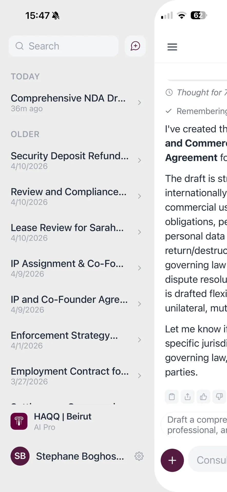 Conversation history sidebar with active legal AI thread