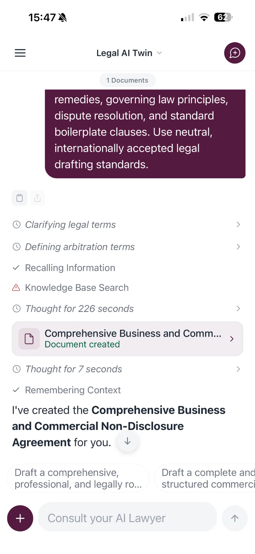 Visible reasoning chain and document creation in the Legal AI Twin