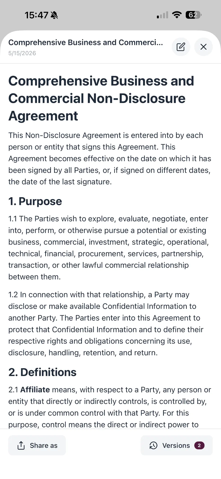 Generated NDA document in the canvas with version history