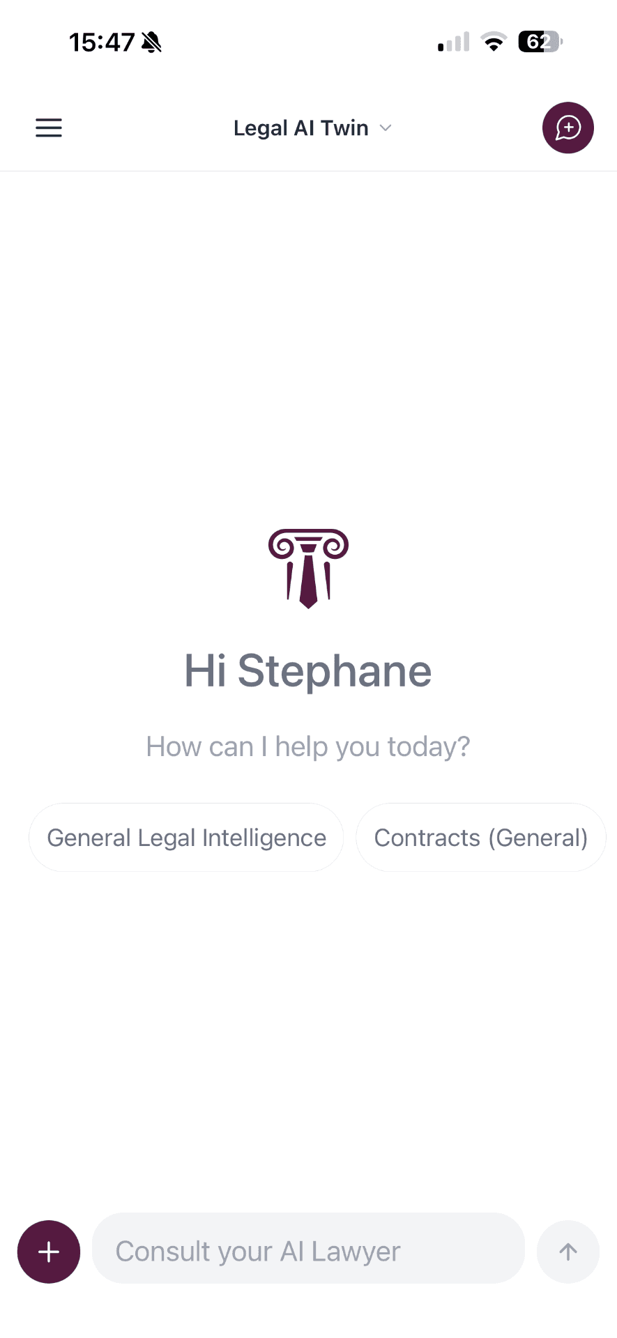Personalised home screen with quick legal intelligence prompts
