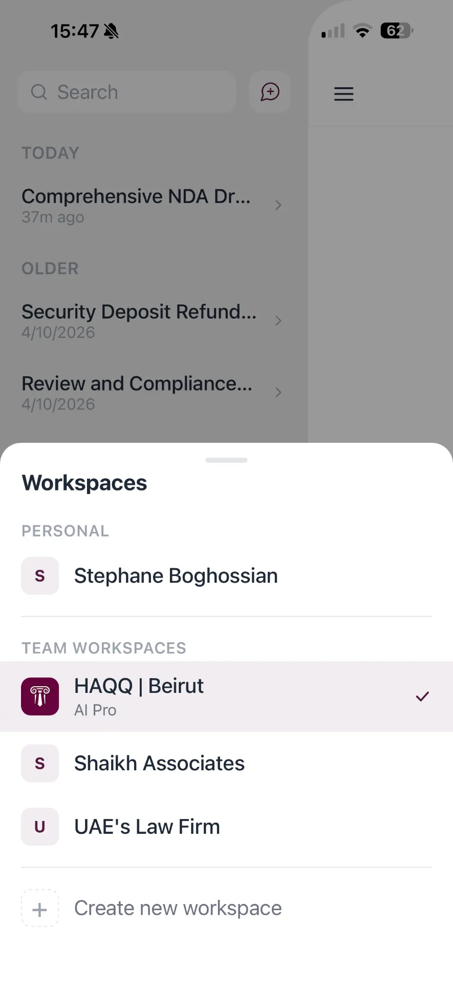 Workspace switcher between personal and team accounts
